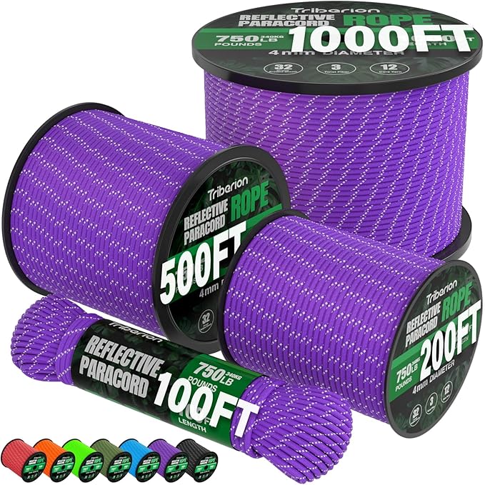 Reflective Paracord Rope 750 lb - 200ft 5/32" Parachute Cord 4MM 12-Strand para Cord - Heavy Duty Spool String for Survival,Camping Gear, Survival Bracelet, Clothesline - Purple