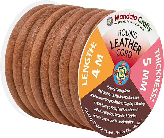 Mandala Crafts Round Cowhide Genuine Rust Leather Cord for Jewelry Making Kumihimo Leather Rope Spool - Rust 4.4 Yds 5mm Cording