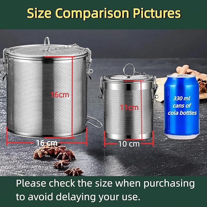 Stainless steel cylindrical seasoning filter, Multi purpose spice filter, Mesh Design Tea Ball Strainer Soup Seasonings Seperation Basket Filter with Chain Hook for Home Restaurant (10*11 CM/0.863L)