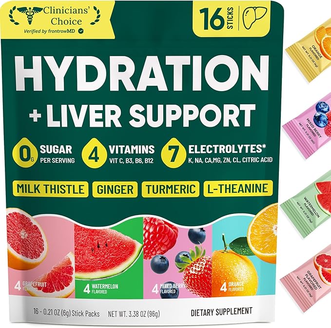 Venture Pal Hydration Packets + Liver Support- Liquid Daily IV Electrolyte Powder Packets with 7 Electrolytes & 5 Vitamins, Milk Thistle + L-Theanine | Sugar-Free | Keto Friendly | Vegan, 16 Sticks