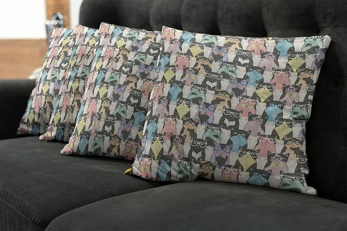 Ambesonne Funny Cartoon Throw Pillow Cushion Case Pack of 4, Theme of Playful Hipster Cats with Glasses Colorful Dotted Designed Print, Modern Accent Double-Sided Digital Printing, 16", Charcoal Grey