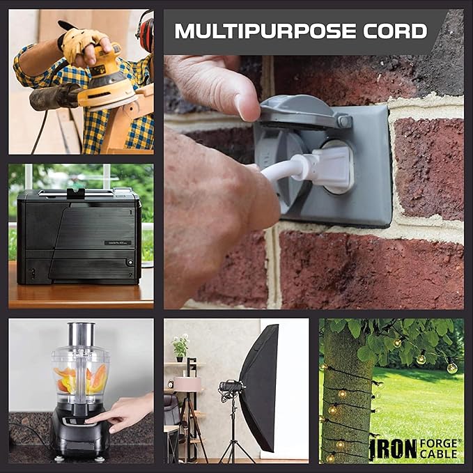 Iron Forge Cable Weatherproof 6 Ft Outdoor Extension Cord - 16/3 SJTW Heavy Duty White Extension Cord 3 Prong - 13 Amp Exterior Power Cable