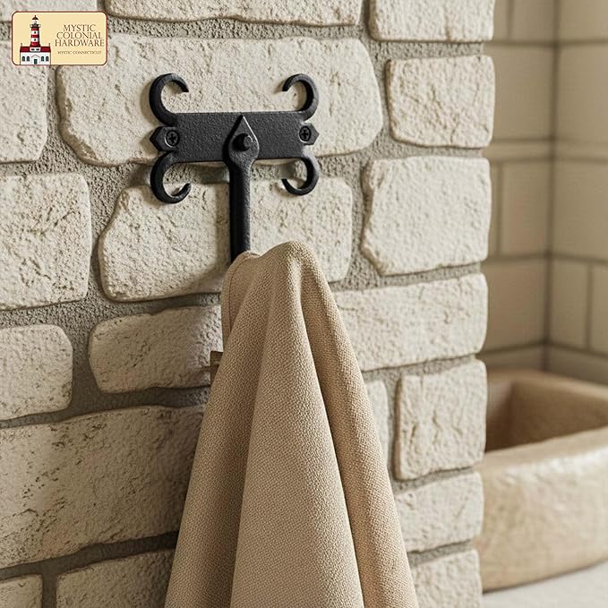 Mystic Colonial Rustic Cast Iron Wall Hooks, Heavy Duty Retro Utility Hooks for Hanging Coat, Bag, Towel, Robe, Hat and More, Mounting Hardware Included, Pack of 2