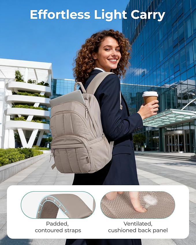 BAGSMART Womens Backpack Travel Laptop Backpack for Women, Quilted College Laptop Bookbag, Work Back Pack for Women, Cute Computer Water-Resistant Casual Daypack, Puffer Beige