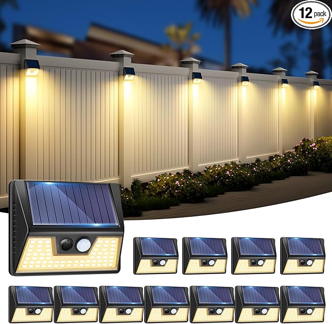 Vighep 12 Pack Solar Fence Lights, Motion Sensor Deck & Wall Lights - Warm White LED, Wireless, Waterproof, Outdoor for Yard, Steps & Garden - Black