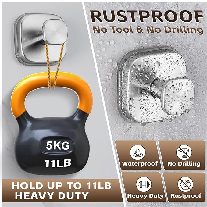 Suction Cup Hooks for Shower Heavy Duty No-Drill– Reusable Multi-Purpose Hooks Adheres to Glass, Mirrors, Tiles & Smooth Surfaces for Towels, Robes, Loofah& Body Sponge (4, Brushed Nickel)