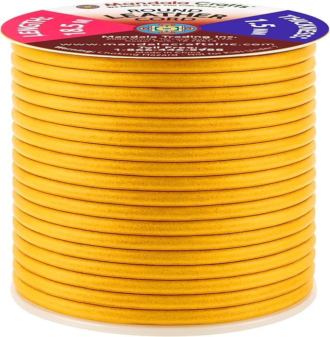 Mandala Crafts Round Genuine Gold Leather Cord for Jewelry Making – 1.5mm Cowhide Leather Rope String Lace for Kumihimo – 20 Yards Cowhide Craft Cording Spool