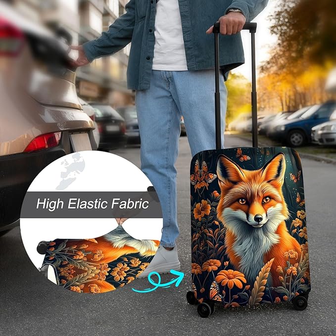 Luggage Cover Protector for 26-28 Inch Suitcases, TSA Approved Elastic Travel Suitcase Covers, Anti-Scratch Washable Luggage Sleeve for Carry On & Checked Bags, Fox Flowers