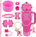 9PCS Hot Pink for Stanley Cup Accessories Set Bling Initials Bow Charms for Stanley Decorations 30/40 Oz Tumbler Accessories Including Bow Straw Topper, Handle Strap, Spill Stopper（Letter K）