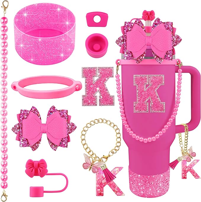 9PCS Hot Pink for Stanley Cup Accessories Set Bling Initials Bow Charms for Stanley Decorations 30/40 Oz Tumbler Accessories Including Bow Straw Topper, Handle Strap, Spill Stopper（Letter K）