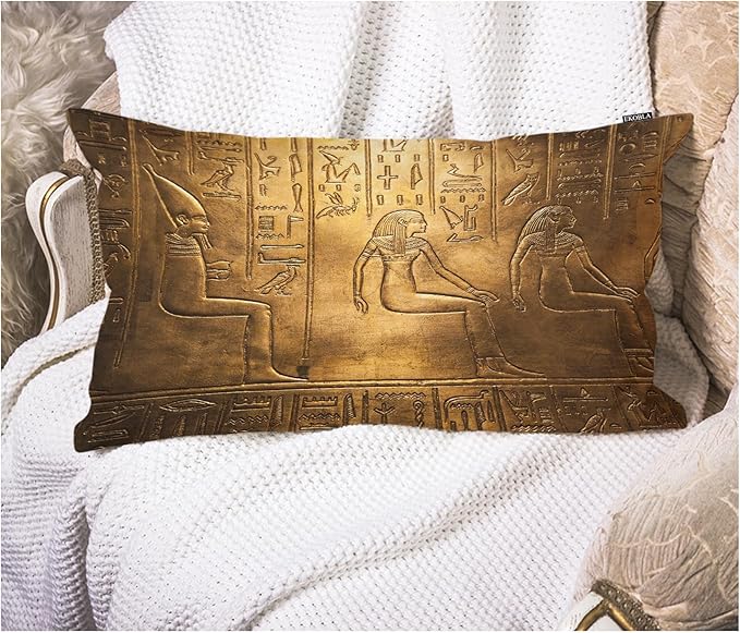 EKOBLA Egyptian Hieroglyphics Decorative Pillow Case Throw Pillow Covers Golden Art Symbol Historical Civilization Square Decorative Cushion Case for Couch Sofa Chair Bed Cotton Linen 12x20 Inch
