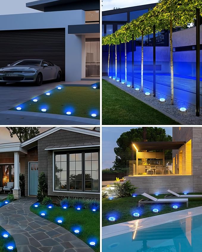btfarm 4 Pack Solar Lights Outdoor, 8 LED Solar Ground Lights IP65 Waterproof Flat Solar Disc Light, Pathway Lights for Garden Lawn Patio Yard Path Landscape, Blue