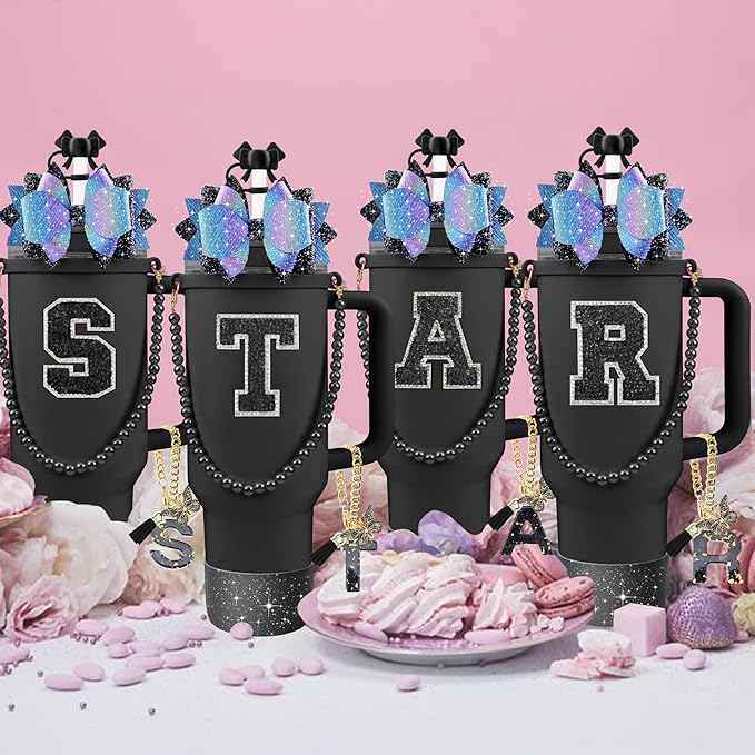 9PCS Black for Stanley Cup Accessories Set Bling Initials Bow Charms for Stanley Decorations 30/40 Oz Tumbler Accessories Including Bow Straw Topper, Handle Strap, Spill Stopper（Letter L）