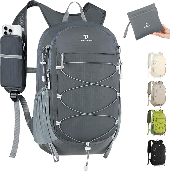 BECOJADDE Hiking Backpack 15L Small Backpack Packable Day pack Water Resistant Lightweight Travel Backpack for Women Men with Shoulder Strap Pockets for Hiking Camping Outdoor, Grey