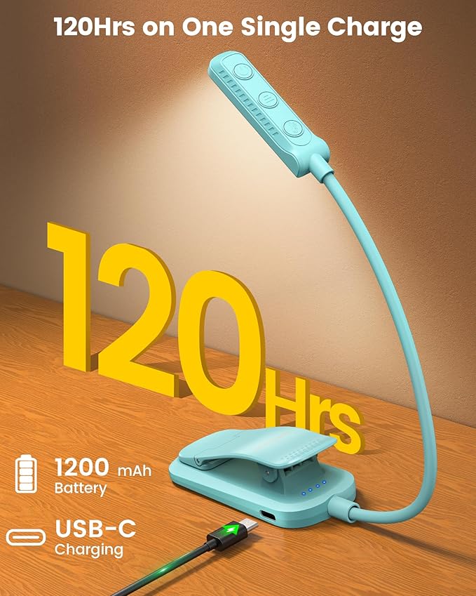 Glocusent 13 LEDs Book Lights for Reading at Night, 120 Hrs Runtime Rechargeable Reading Light, Eye Caring 3 Colors & 5 Stepless Dimming Brightness 3–60LM, Flexible Clip on Light for Book Lovers Kids