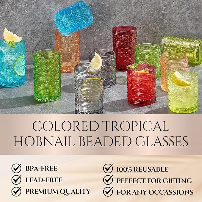 Khen Hobnail Beaded Highball Drinking Tumbler Glasses | Set of 12 | Autumn Colors Vintage Bubble Design Whiskey Glassware, Old-Fashioned, Embossed Design Water, Wine, Cocktail Rocks Glasses
