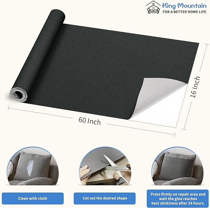 KING MOUNTAIN Canvas Repair Patch 16×60 Inch Self-Adhesive Waterproof Fabric Patch for Sofas, Tents, Furniture,Tote Bags, Car Seats (Dark Grey)