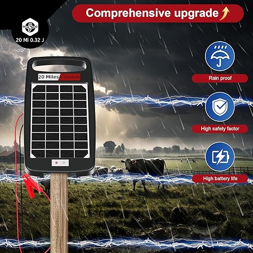 20 Miles Solar Powered Electric Fence Charger – 0.32J Output, 24/7 Day/Night Protection, Portable Fence Energizer for Dogs, Chickens, Garden, Livestock, Rechargeable Solar Panel, Rugged & Waterproof