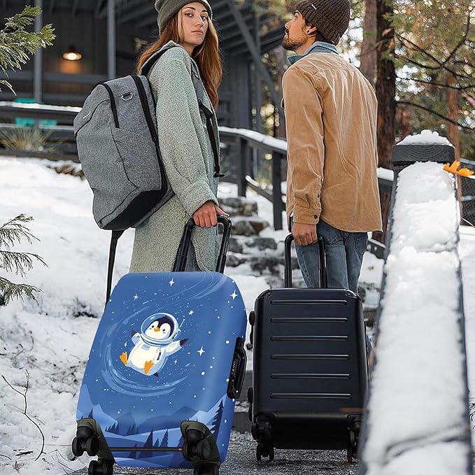 ANNA QUEEN Astronaut Penguin Luggage Cover, Cute Space Penguin Design Suitcase Protector, Washable Stretchable Travel Sleeve for 32-34 Inch Luggage