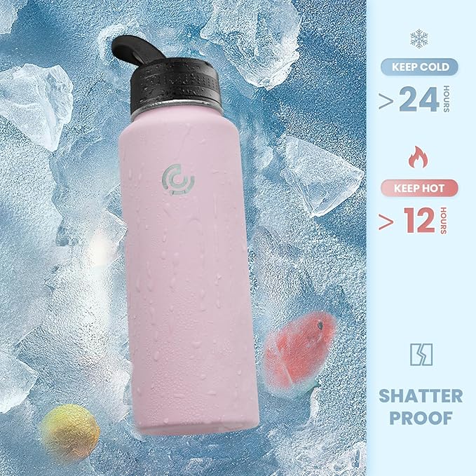 COKTIK 32oz Sports Water Bottle, Stainless Steel Water Bottle for Insulated, Reusable Travel Bottle, With Straw, With Handle Grip for Easy Carrying, Suitable for Cycling, Outdoor Vacations(Blush)