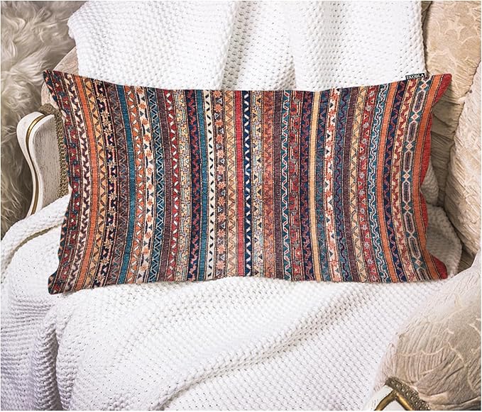 EKOBLA Turkish Carpet Rectangle Pillow Cases Vintage Persian Oriental Waist Lumber Cotton Linen Cushion Cover Oblong Rectangle Pillowcase for Men Women Home Decoration Bedroom 12x20 Inches