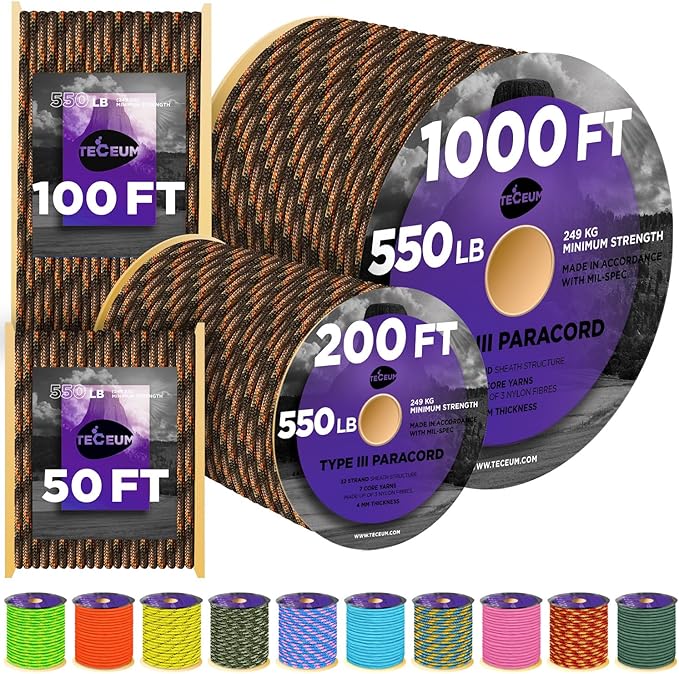 TECEUM Reflective Paracord Rope 1000 – 1000ft/200ft/100ft/50ft – 40+ Colors – Glow in The Dark – para Cord – Utility Rope for Survival, Hunting & Camping Gear – Nylon String, Camping Rope, Tent Cord