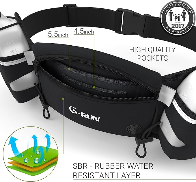 Q-RUN Hydration Running Belt with Bottles - Water Belts for Woman and Men - iPhone Belt for Any Phone Size - Fuel Marathon Waist Pouch for Runners - Jogging Cycling Biking, Black