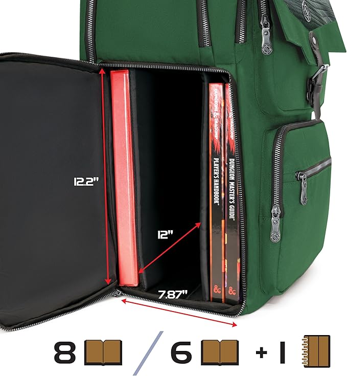 ENHANCE Collector's Edition DnD Backpack - RPG DM Bag for Dungeons and Dragons - DnD Bag fits 6-8 Books, 18" Laptop/DM Screen Slot, Miniature Foam Trays, Accessory Pockets, Map Strap (Dragon Green)
