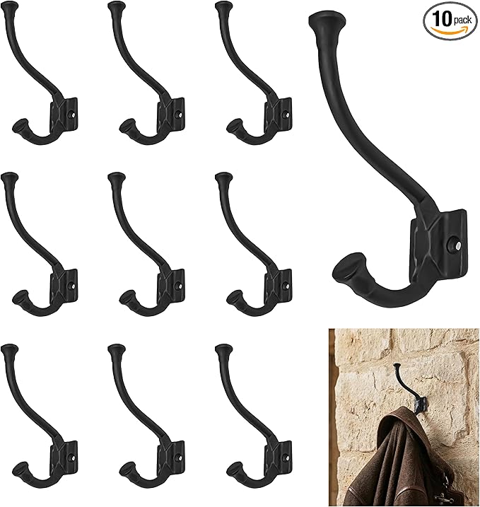 Mystic Colonial Medieval Rustic Cast Iron Wall Hooks (4 in x 3 in) Vintage Black Coated Double Coat & Hat Hook Hangers | Heavy-Duty Farmhouse, Gothic & Modern Decor - Pack of 10