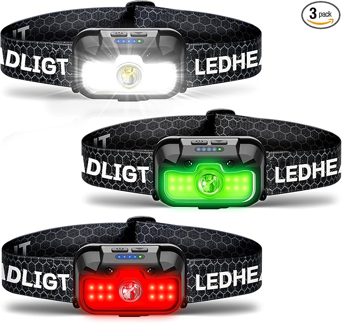 HOKOILN 3-Pack LED Headlamp Rechargeable with Green & Red Light -1300 Lumen Ultra-Bright Flashlight Headlight for Camping, Running, Hiking, Fishing - Waterproof with 7 Modes