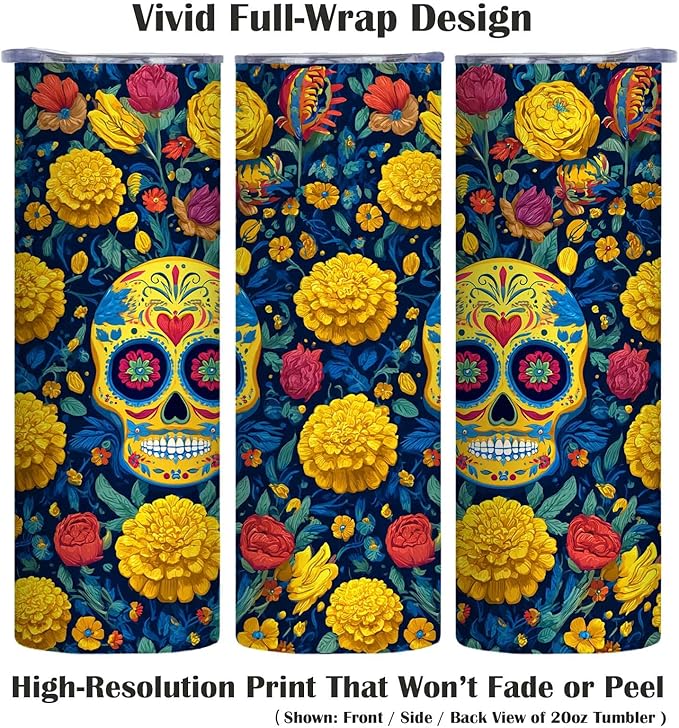 Firmiso 20 oz Tumbler | Insulated Skinny Travel Mug with Leak-proof Lid and Telescopic Straw | Sugar Skull Stainless Steel Hot & Cold Cup | Skull Floral Inspired Gifts for Women and Men