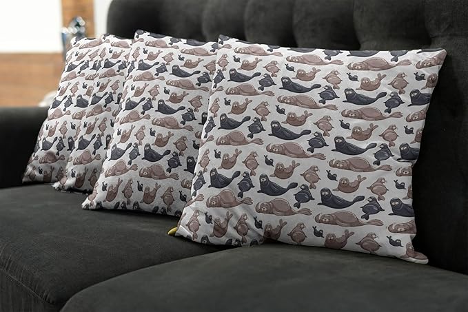 Ambesonne Sea Animals Decorative Throw Pillow Case Pack of 4, Seals Illustration Sea Lion Exotic Tropical Comic Graphic Wild Ocean, Cushion Cover for Couch Living Room Car, 16", Taupe Grey