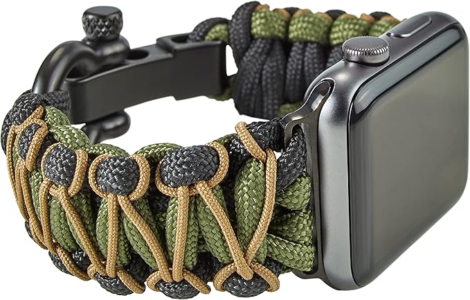 Savior Survival Gear Paracord Watch Band Compatible with Apple Watch Band 49mm 46mm 45mm 44mm 42mm,iWatch Band Series Ultra 10 9 8 7 6 5 4 3 2 1 SE, Adjustable strap for men (Green-Black-Khaki-Large)