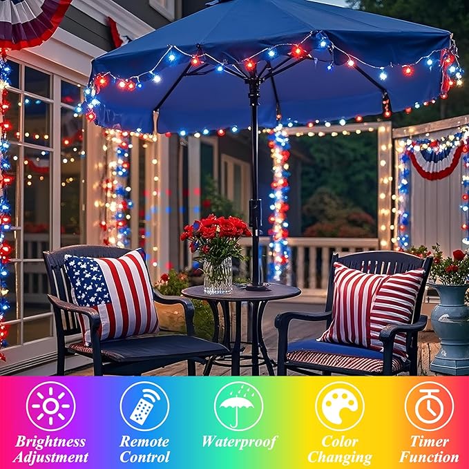 LitHome Color Changing Christmas String Lights Connectable, 35 Colors 66Ft 200 LED Red White and Blue String Lights Outdoor with Remote, 4th of July Light Plug in for Tree Party Independence Day Decor