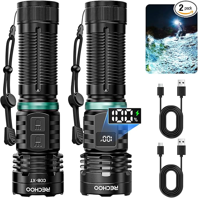 RECHOO Rechargeable Flashlights High Lumens, 990000lm LED Flashlight Rechargeable, Fixed Foucs, 8 Lighting Modes Waterproof Small Flashlight for Camping, Hunting, Emergency, Gifts for Men