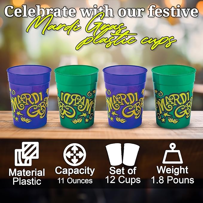 Fun Express Plastic Cups Reusable 12 Pack - Heavy Duty Mardi Gras Party Cups 11oz for Celebrations | Colorful Green Plastic Drinkware Set for Indoor & Outdoor Events | BPA-Free Bulk Party Essentials