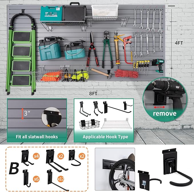 FRAYSCENT Slat Wall Paneling Garage Slat Wall Storage Systems Slatwall Panels Power Tool Organizer Wall Mount, PVC Garage Storage & Organization Products Slate Board (Grey, 4ft x 8ft with 26 Hooks)