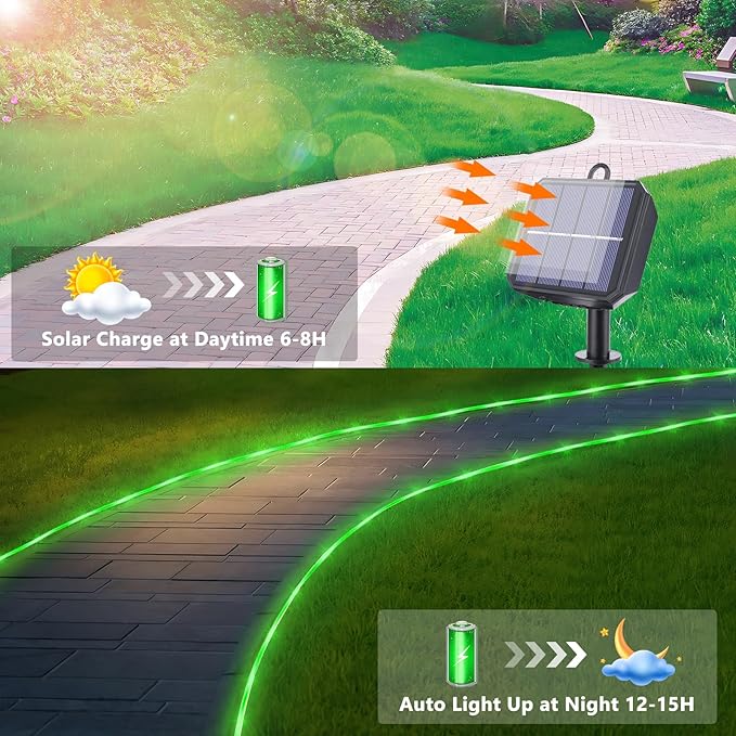 Solar Rope Lights, 66ft 200LED Solar String Lights, 8 Modes Waterproof Solar Powered Outdoor Light, Flexible Clear Tube Light for Garden Backyard Patio Deck Porch Pool Tree Christmas Decoration -Green