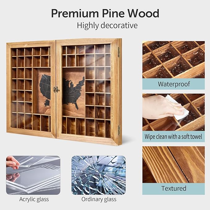 Large Map Shot Glass Display Case 60 Slots with Door, 34 x 26''Rustic Brown Wood Holder for 2 Different Size Shot Glasses (US Map-with Acrylic Glass Door, Pedestal)