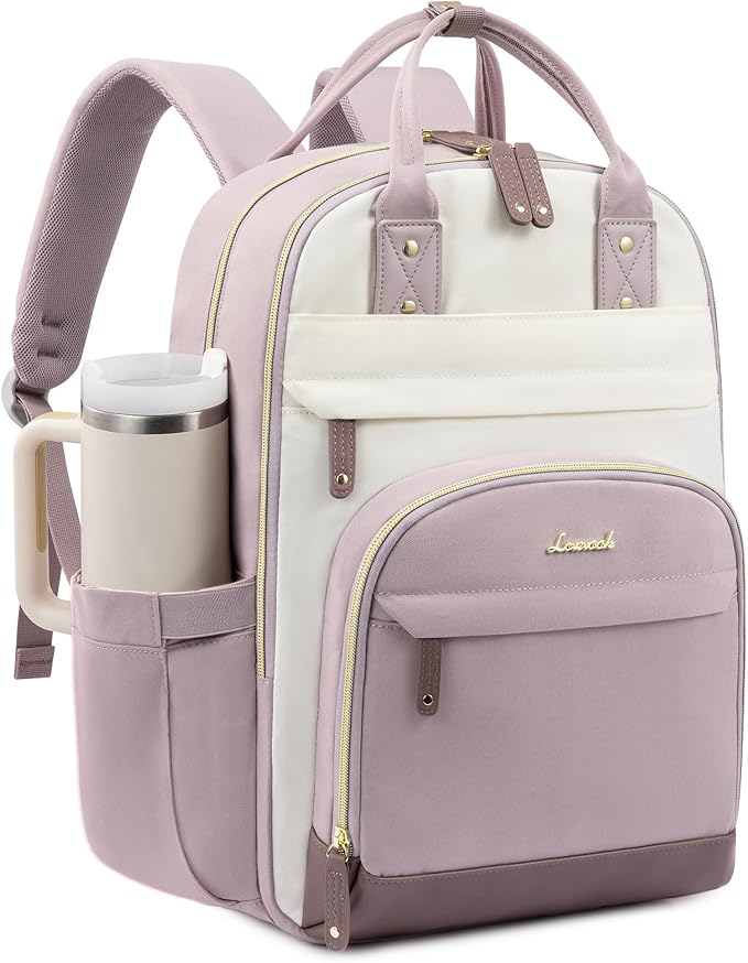 LOVEVOOK Laptop Backpack Women with Giant Tumbler Holder Pocket,18.4 inch School College Book Bag Nurse Teacher Backpack,Work Travel Backpack Laptop Computer Bag,Light purple-Off-white-Pinkish purple