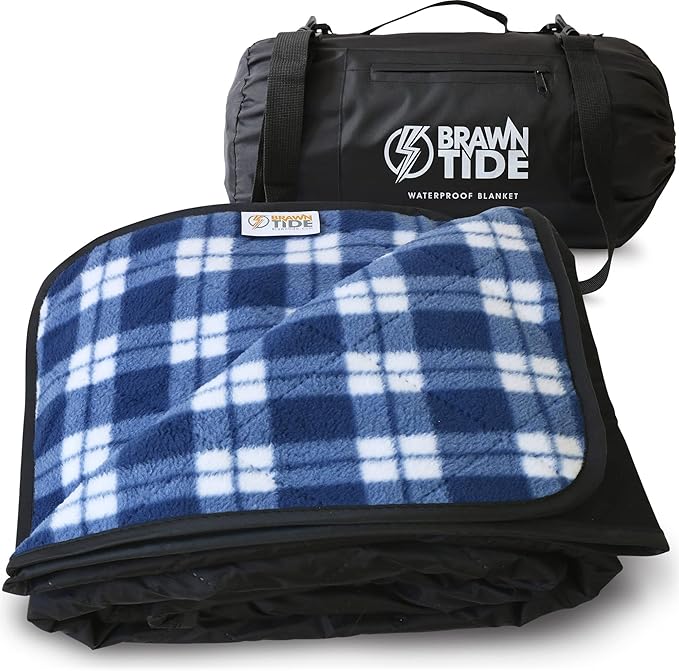 BRAWNTIDE Large Outdoor Waterproof Blanket - Extra Thick Fleece, Warm, Windproof, Sandproof, Quilted, 82" x 55", Ideal for Beaches, Picnics, Camping, Stadiums, Dogs, Car