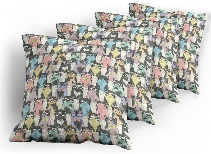 Ambesonne Funny Cartoon Throw Pillow Cushion Case Pack of 4, Theme of Playful Hipster Cats with Glasses Colorful Dotted Designed Print, Modern Accent Double-Sided Digital Printing, 16", Charcoal Grey