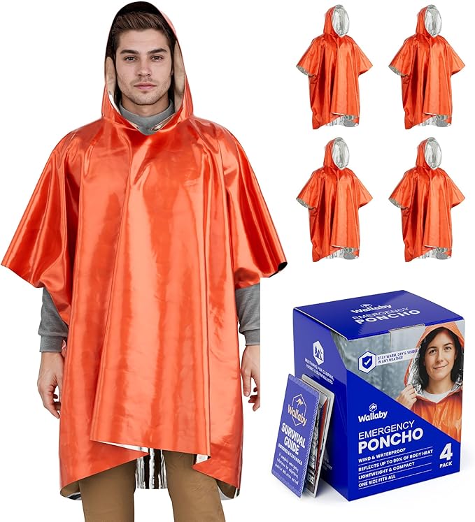 Wallaby 4-Pack Emergency Mylar Ponchos – Universal Fit Thermal Poncho with 90%+ Heat Retention,