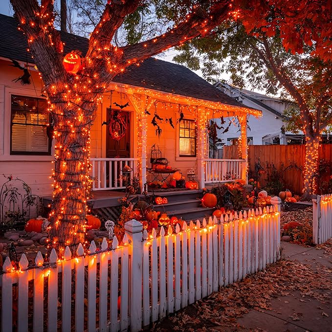 JMEXSUSS 2 Pack Solar String Lights Outdoor Waterproof, Total 400 LED 151FT Solar Christmas Lights Outdoor, 8 Modes Christmas Light for Outside Patio Yard Tree Decorations, Orange