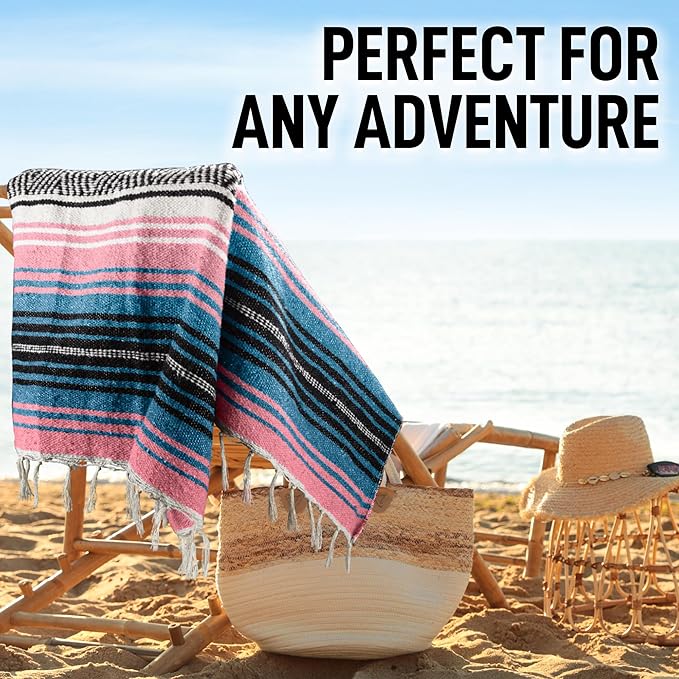 Hydration Nation Authentic Large Handwoven Mexican Striped Throw Blanket - Soft, Durable, Eco-Friendly - 70"x50" - Cotton Candy