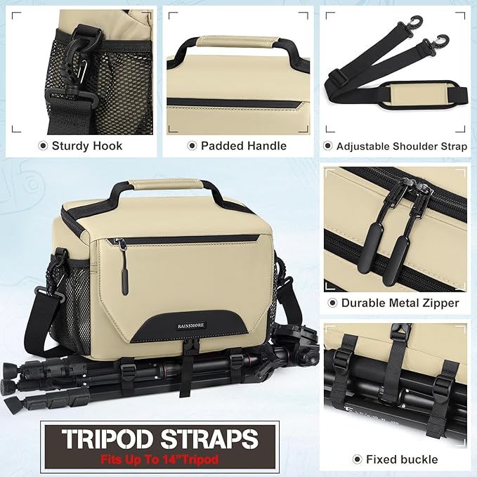 RAINSMORE Camera Bag, DSLR/SLR/Mirrorless Small Camera Sling Bag Waterproof Camera Case with Tripod Holder & Rain Cover Compact Crossbody Camera Bags for Photographers Everyday Shoulder Bags, Khaki