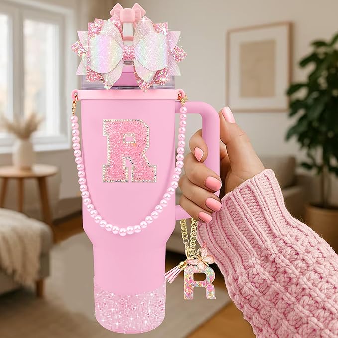 9PCS Pink for Stanley Cup Accessories Set Bling Initials Bow Charms for Stanley Decorations 30/40 Oz Tumbler Accessories Including Bow Straw Topper, Handle Strap, Spill Stopper（Letter R）