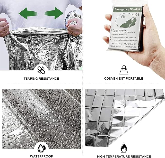 Emergency Foil Blanket Silver (25 Pack), Survival Thermal Mylar Blankets Individually Packaged Perfect for Outdoors, Hiking, Survival, Marathons or First Aid