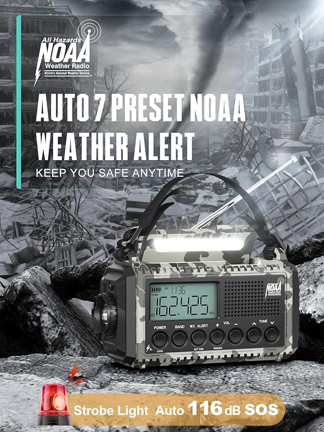 Hand Crank Solar Emergency Radio with 2X Faster Crank,Clear Signal& 12000mAh Battery Operated,Auto NOAA Weather Alert/SW/AM/FM Portable Radio with 6-Way Power,Flashlight, Phone Charger,SOS Alarm
