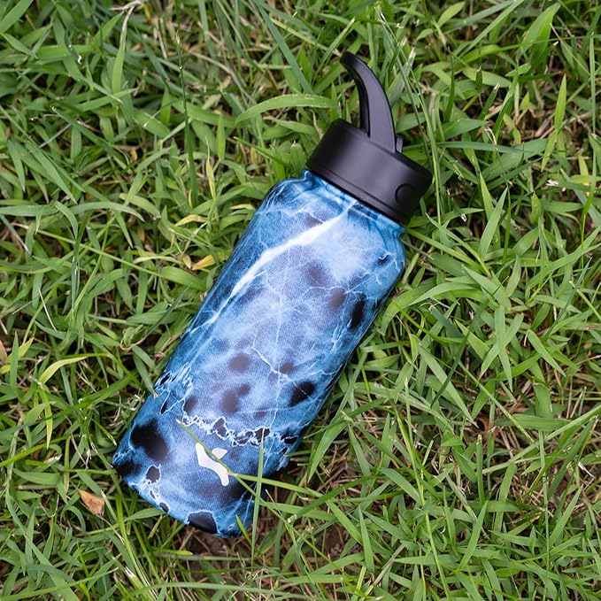Konokyo 40oz Insulated Water Bottle Stainless Steel Sport Bottles with 3 Lids,Marble Ocean